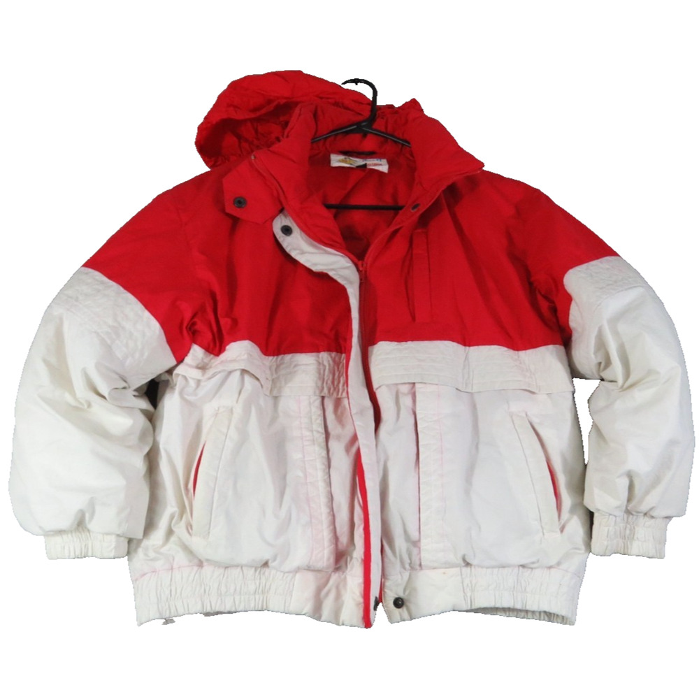 VTG Utex Duvet Down Wear Red White Hooded Puffer Ski Jacket Womens M Winter Coat